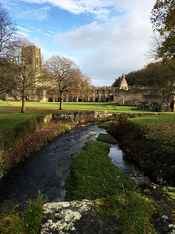 A slow stream runs through the gardens with the ruins of Fountains Abbey in the background
