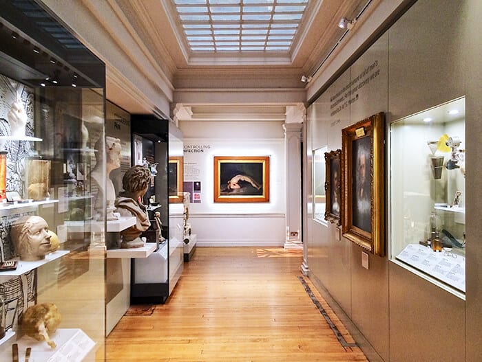 Inside of the History of Surgery Museum with wall displays and glass displays filled with medical history items