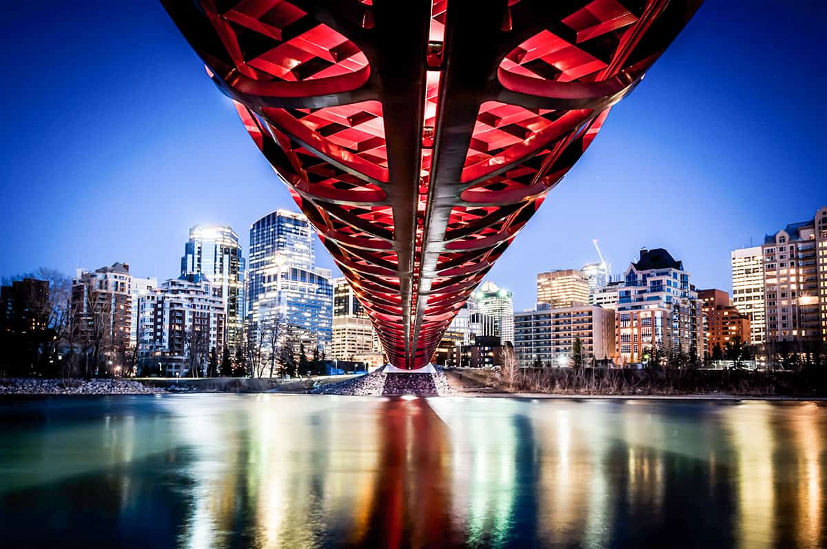 Calgary Peace Bridge at night.
