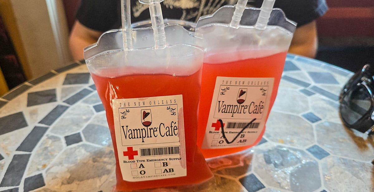 Spend Halloween in New Orleans sipping drinks from blood bags at the Vampire Cafe.