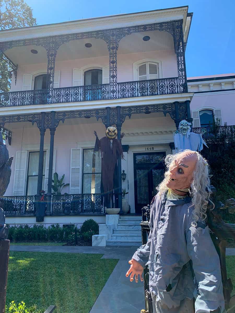 Spooky Halloween decorations on a mansion in New Orleans Garden District.