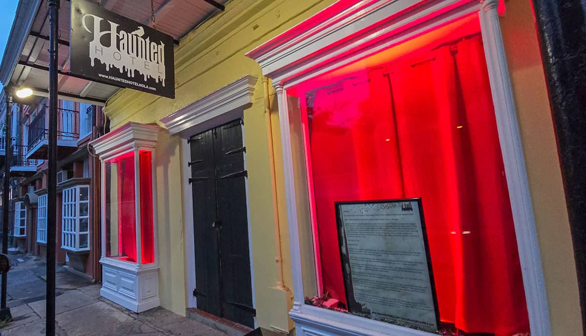 Spend Halloween in New Orleans in a haunted hotel. The front of the Haunted Hotel in New Orleans.