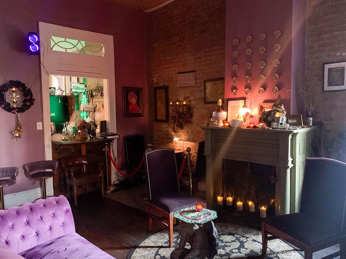 The Vampire Speakeasy in New Orleans. Lush vampire furniture inside a secret bar.