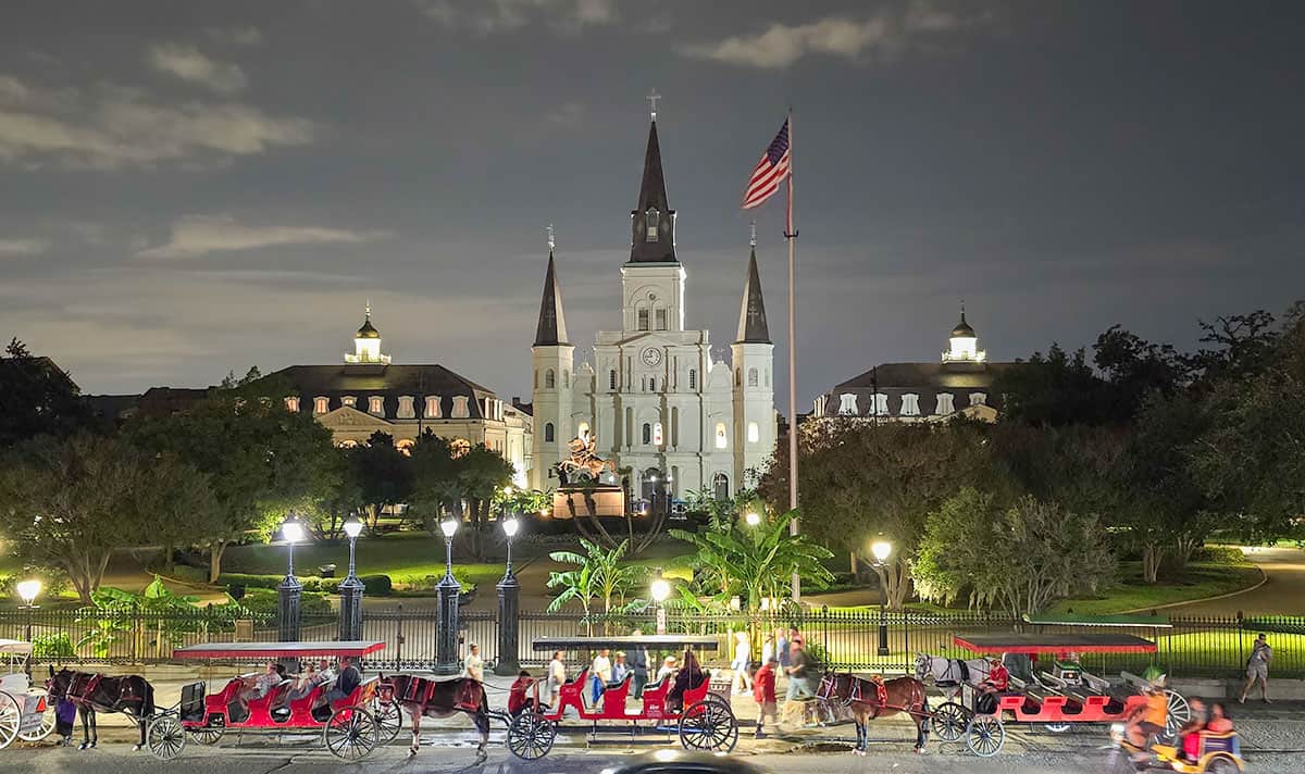 Halloween in New Orleans is spooky at night. St. Louis Cathedral at night.